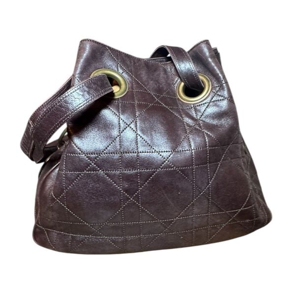 Christian Dior Brown Quilted Cannage Leather Small Hobo Bucket Shoulder Bag Auth - Picture 9 of 14